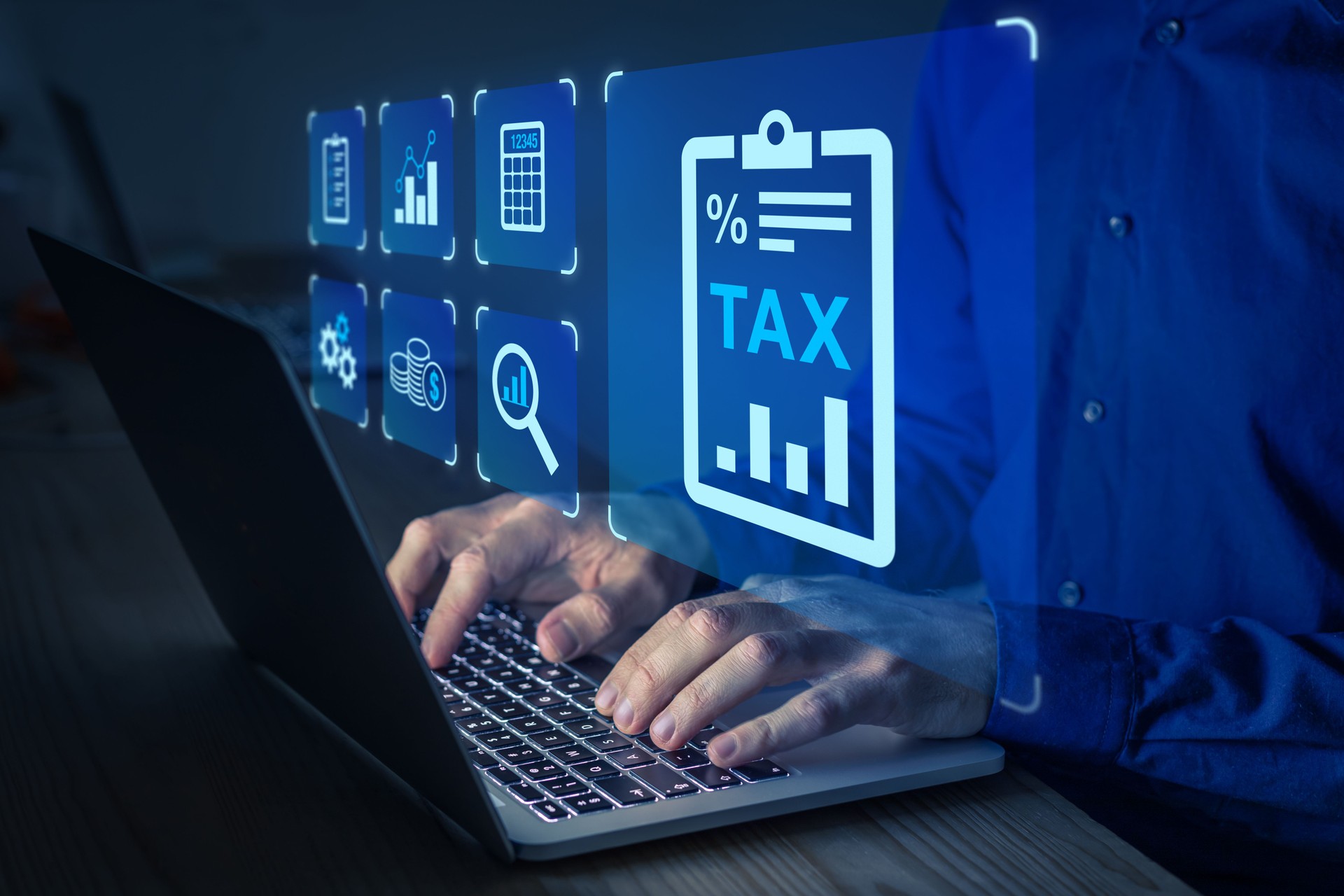 Person filling tax form on computer. Reductions, deductions and exemptions. Accountant and financial advise to lower taxation rate.