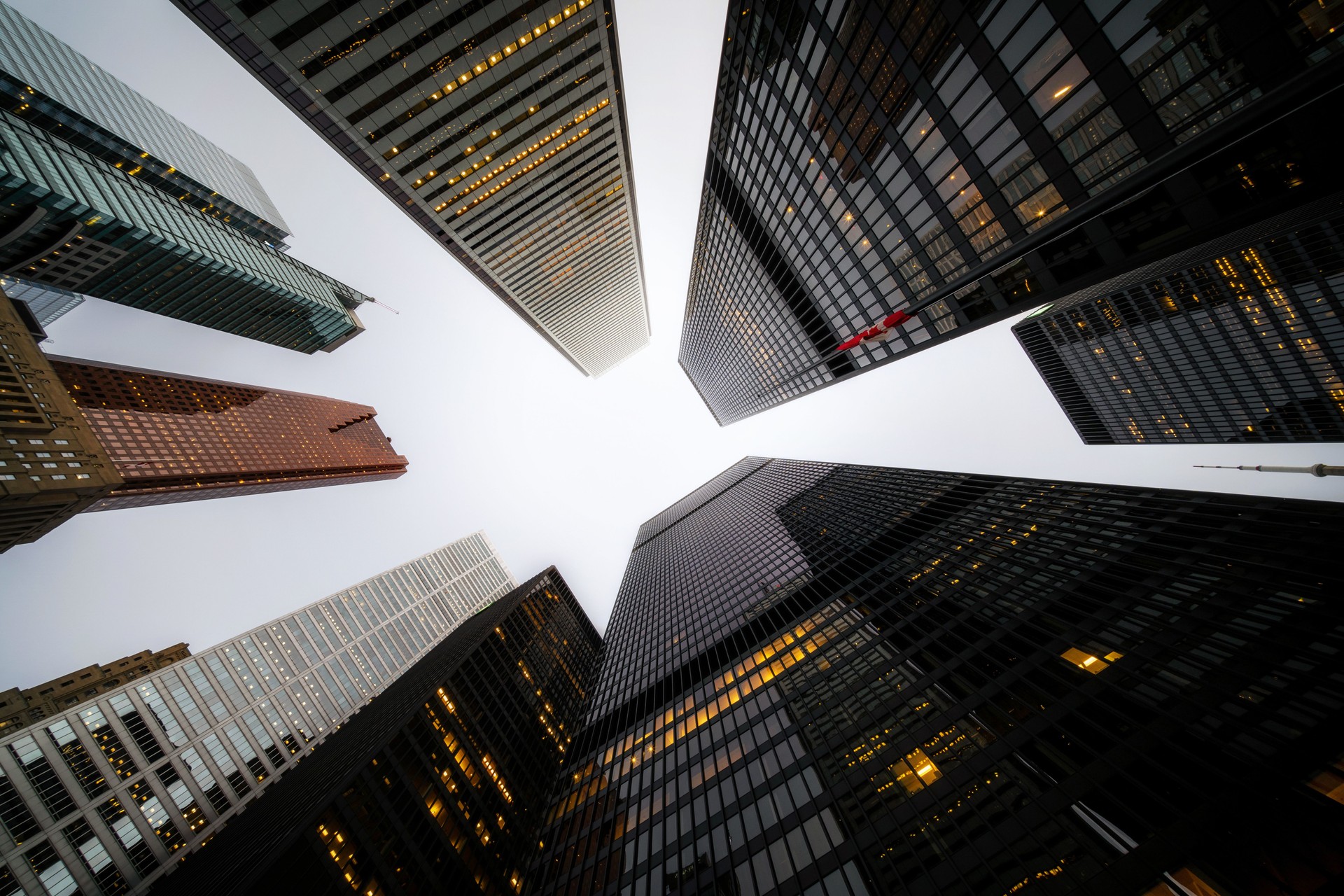 Business and Finance, Looking Up at Modern  Skyscrapers at Dusk in the Financial Center of Toronto, Canada